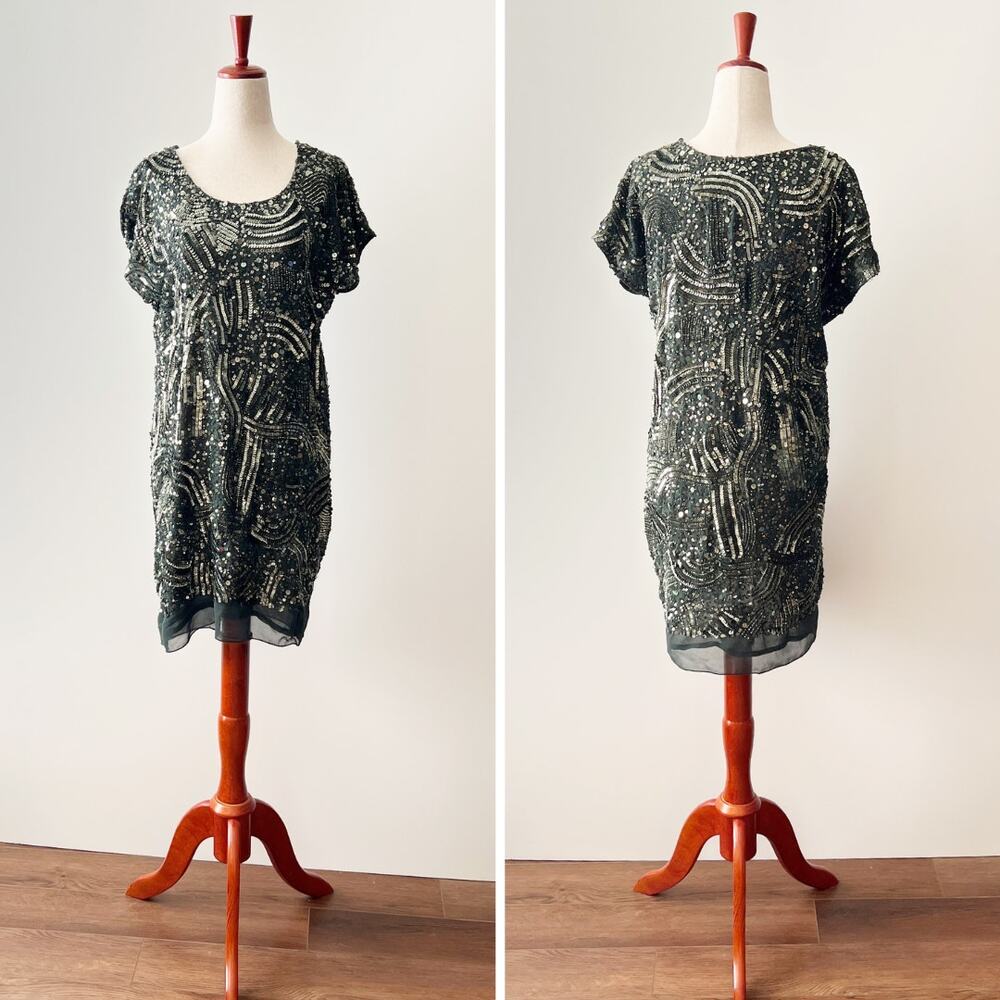 Gold Hawk Sequin Beaded Shift Dress Green Size XS
